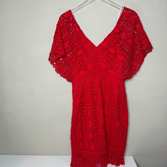 Lulu’s First Kiss Red Lace Sheath Dress Embroidered V Cut Chic size medium - Picture 4 of 12